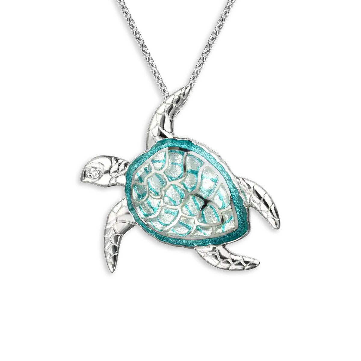 Large Green Plique-a-Jour Turtle Necklace. Sterling Silver-White Sapphire 