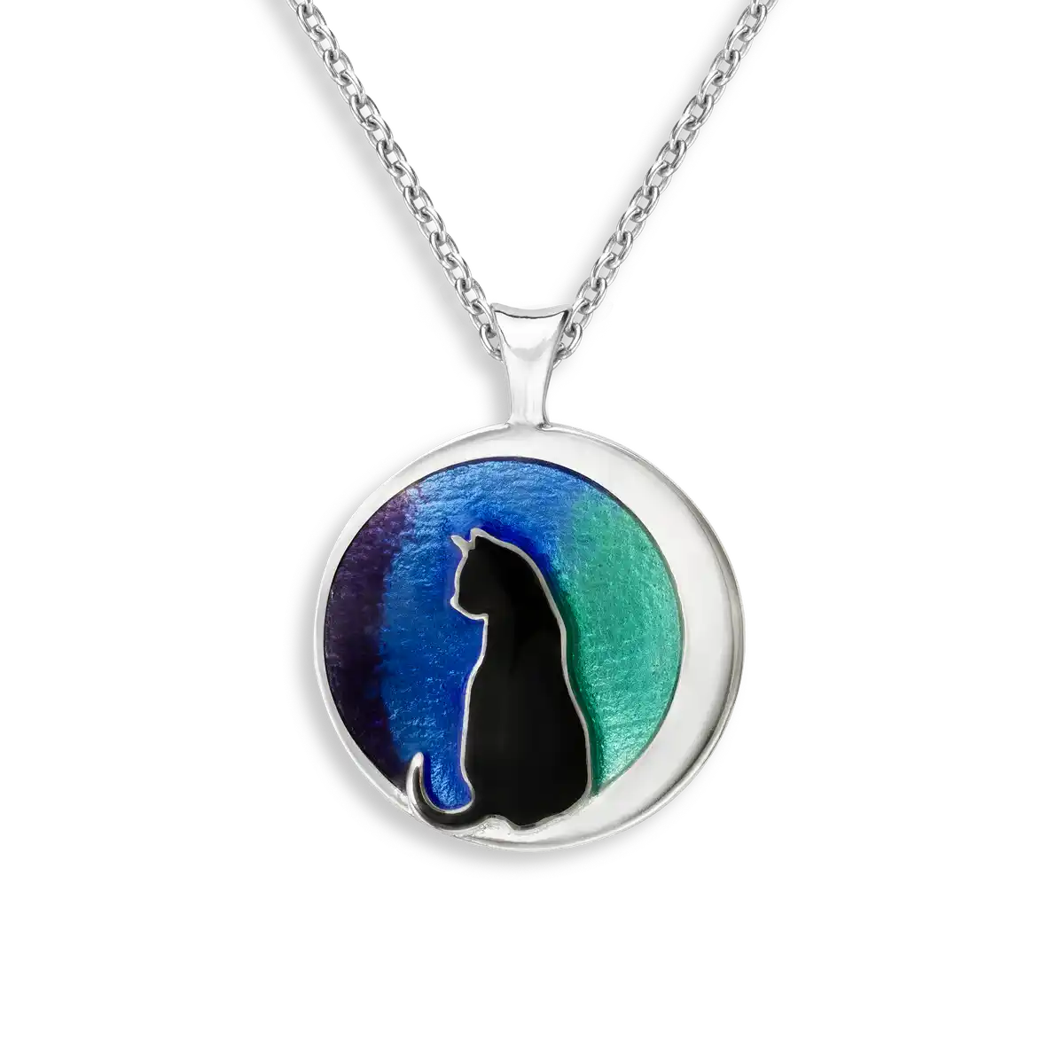 Cat in Blue Heart Necklace. Sterling Silver