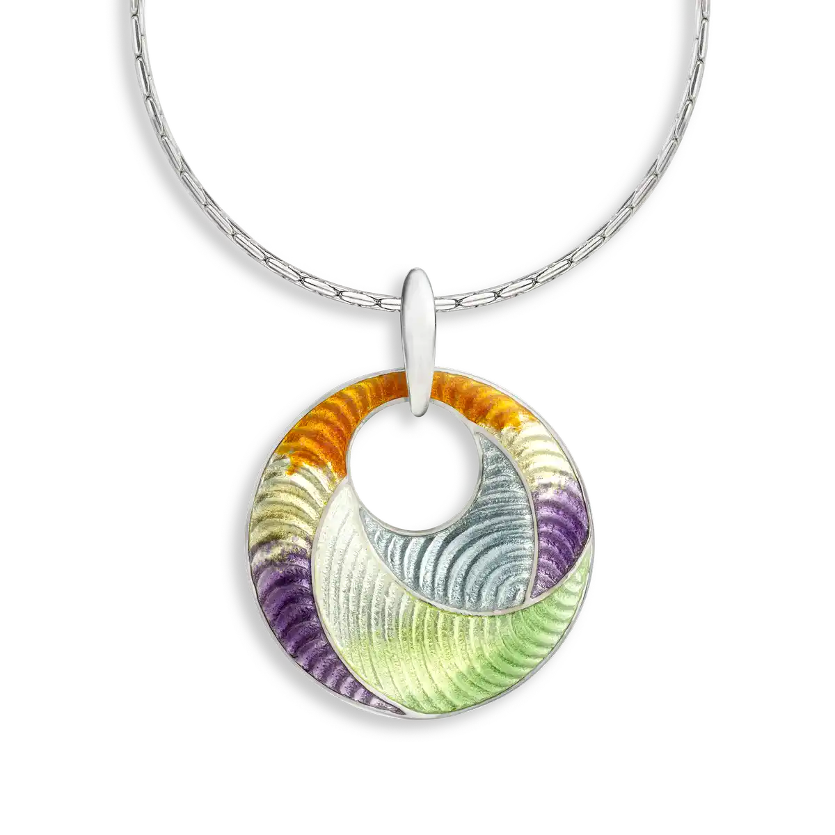 Multi Green Rio Circle Necklace. Sterling Silver