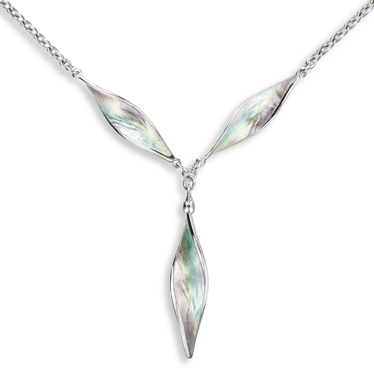 Green Color 3-piece Aurora Elongated Marquise Twist Necklace. Sterling Silver