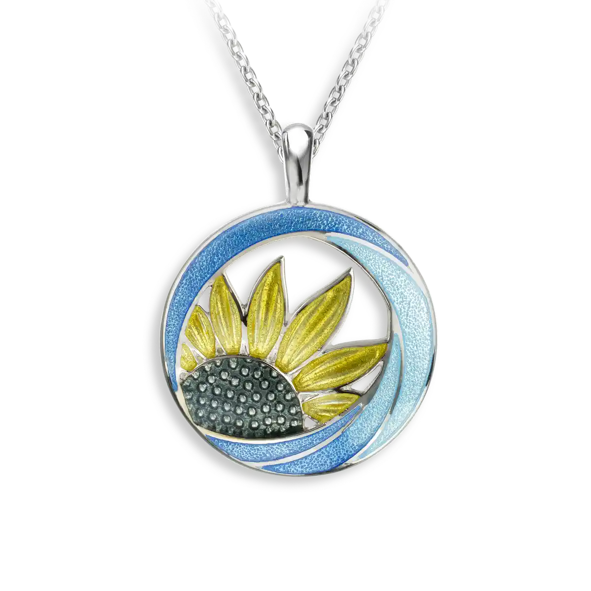 Yellow Sunflower Circle Necklace. Sterling Silver