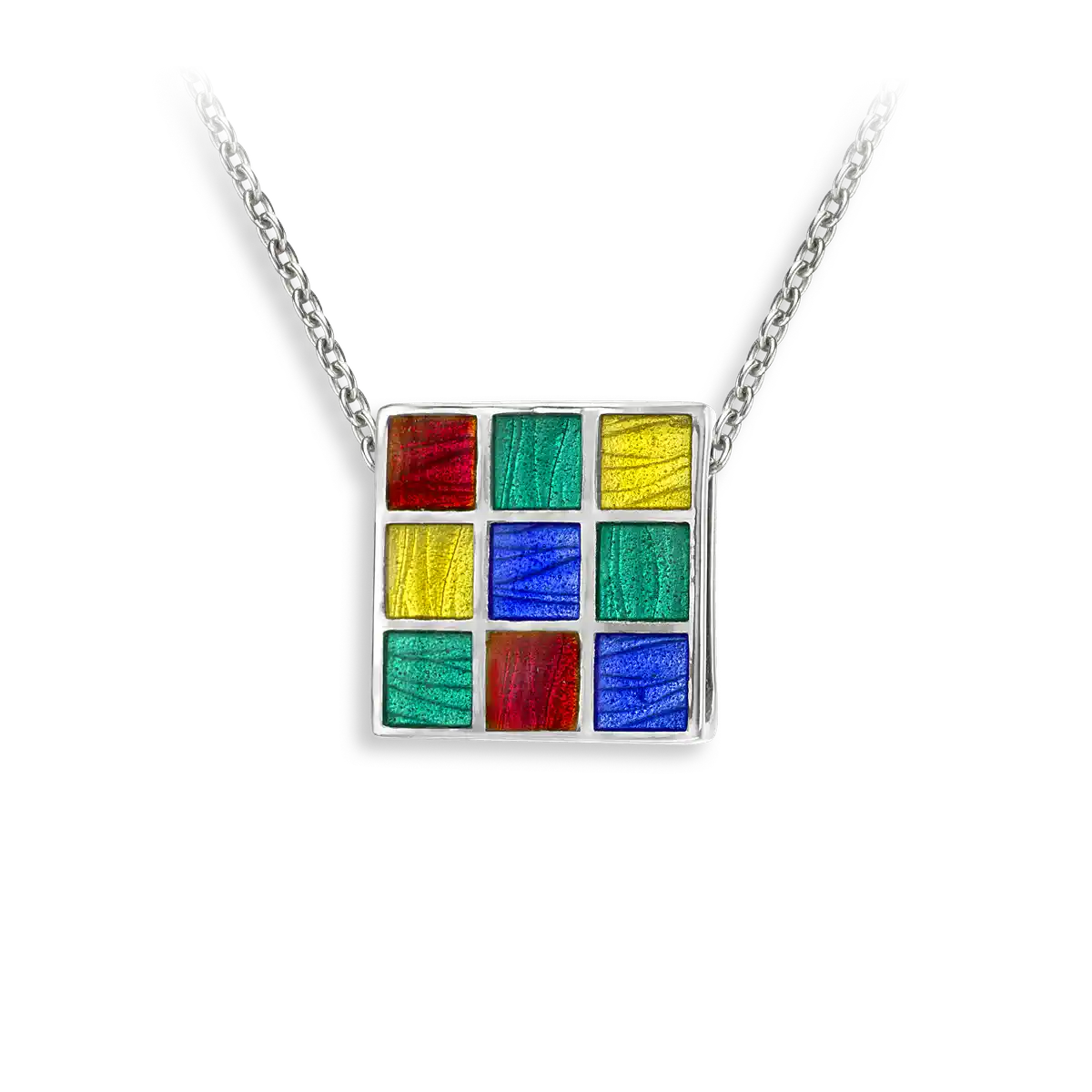 Multi Color Square Cubic Necklace. Sterling Silver