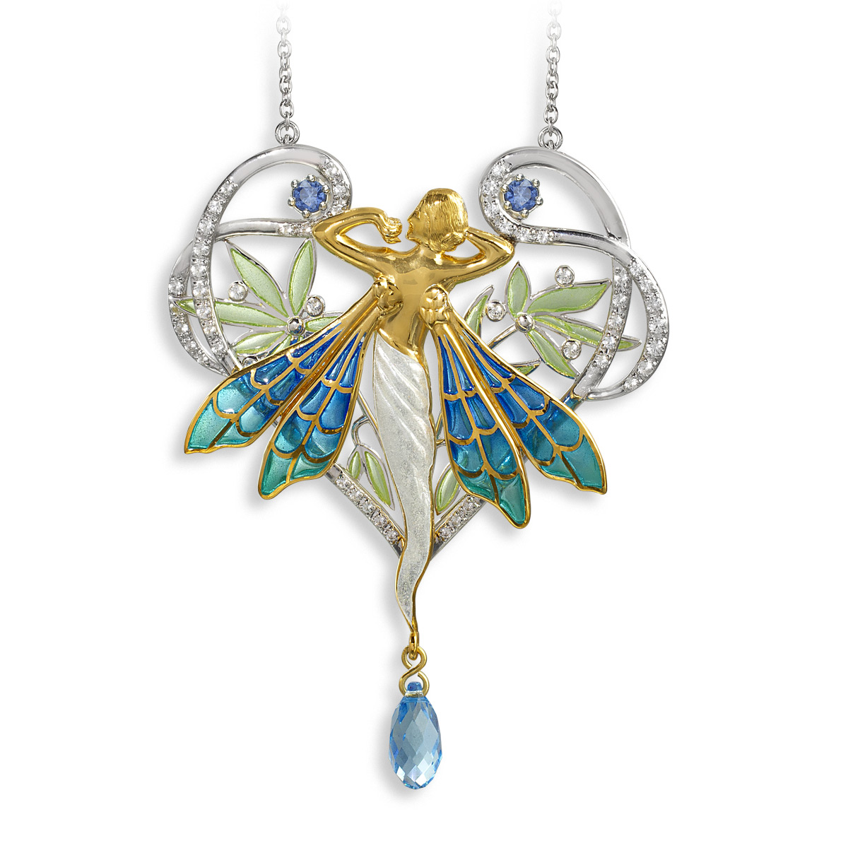 65mm Art Nouveau Fairy Necklace - Blue and Green Plique a Jour Enamel. Sterling Silver.