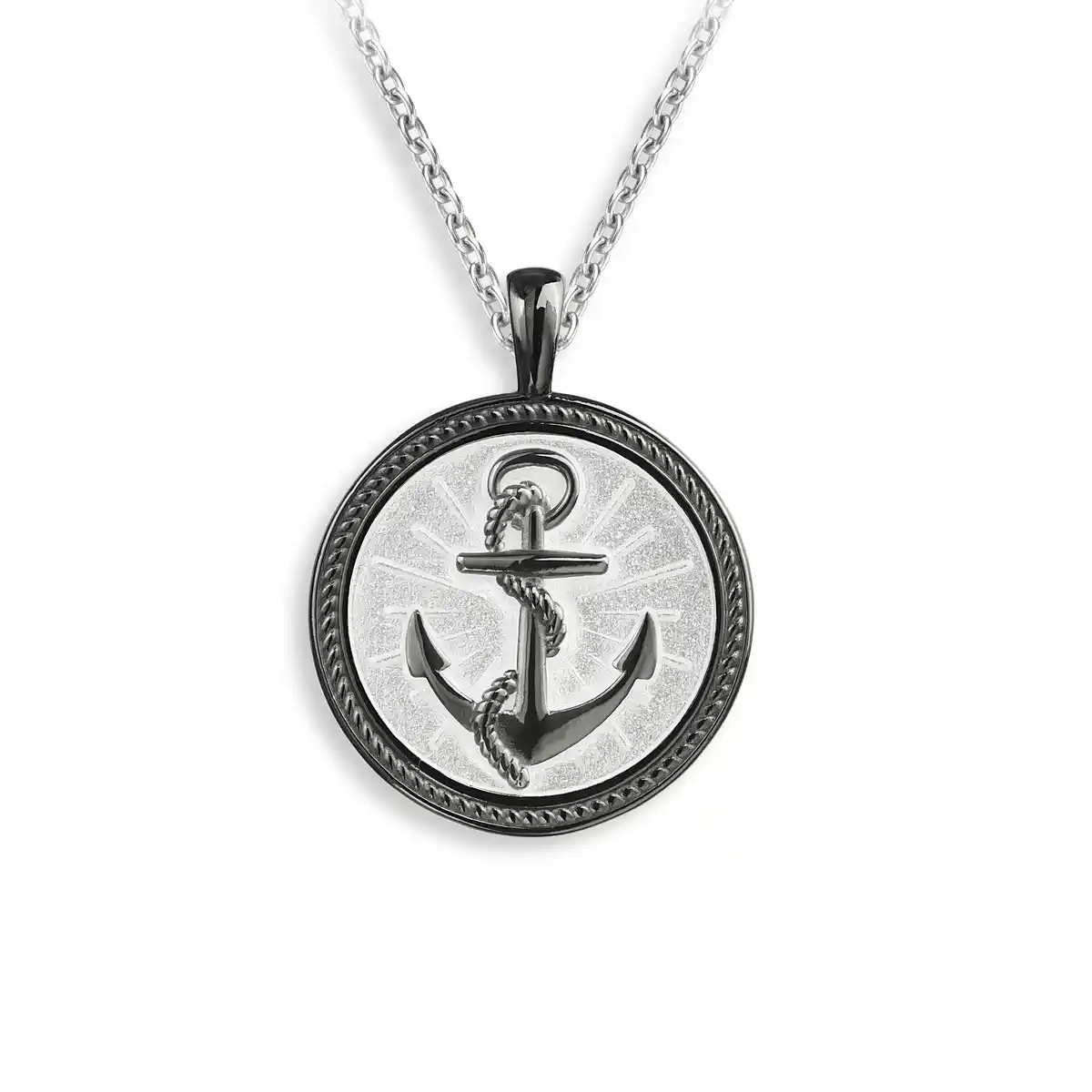 White Anchor with Rope Black Rhodium Plated Necklace. Sterling Silver