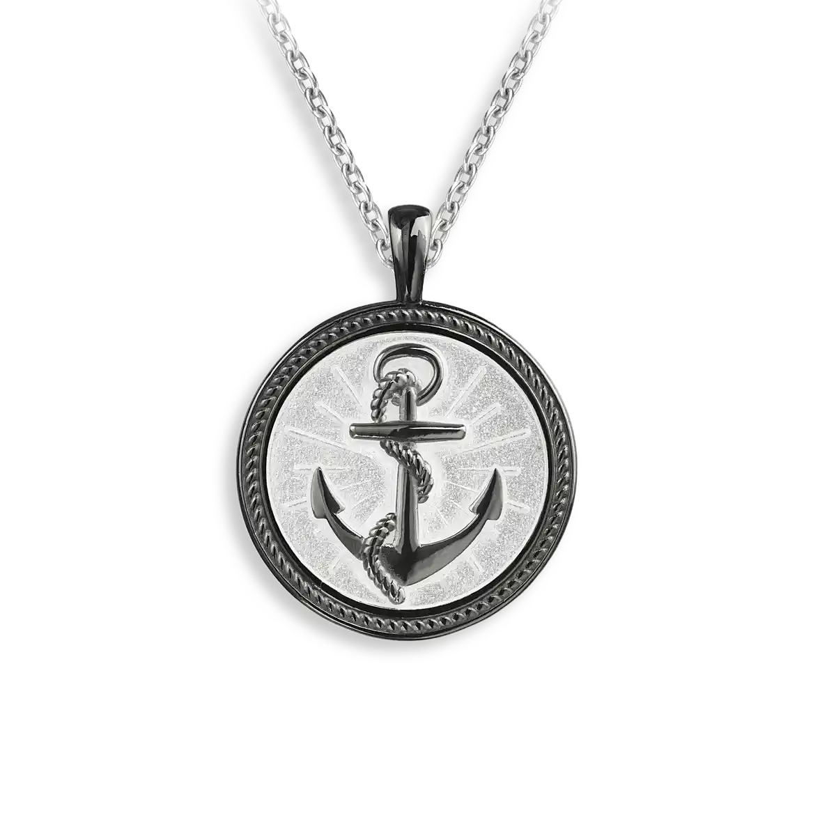 White Anchor with Rope Black Rhodium Plated Necklace. Sterling Silver