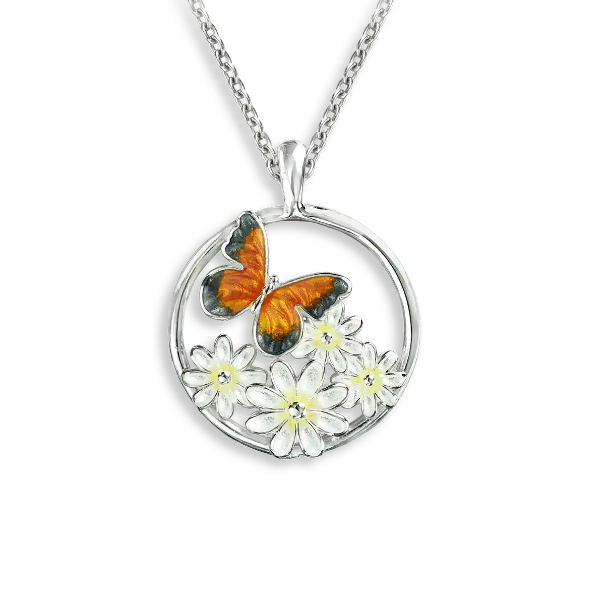 Orange Butterfly with Daisies Necklace. Sterling Silver