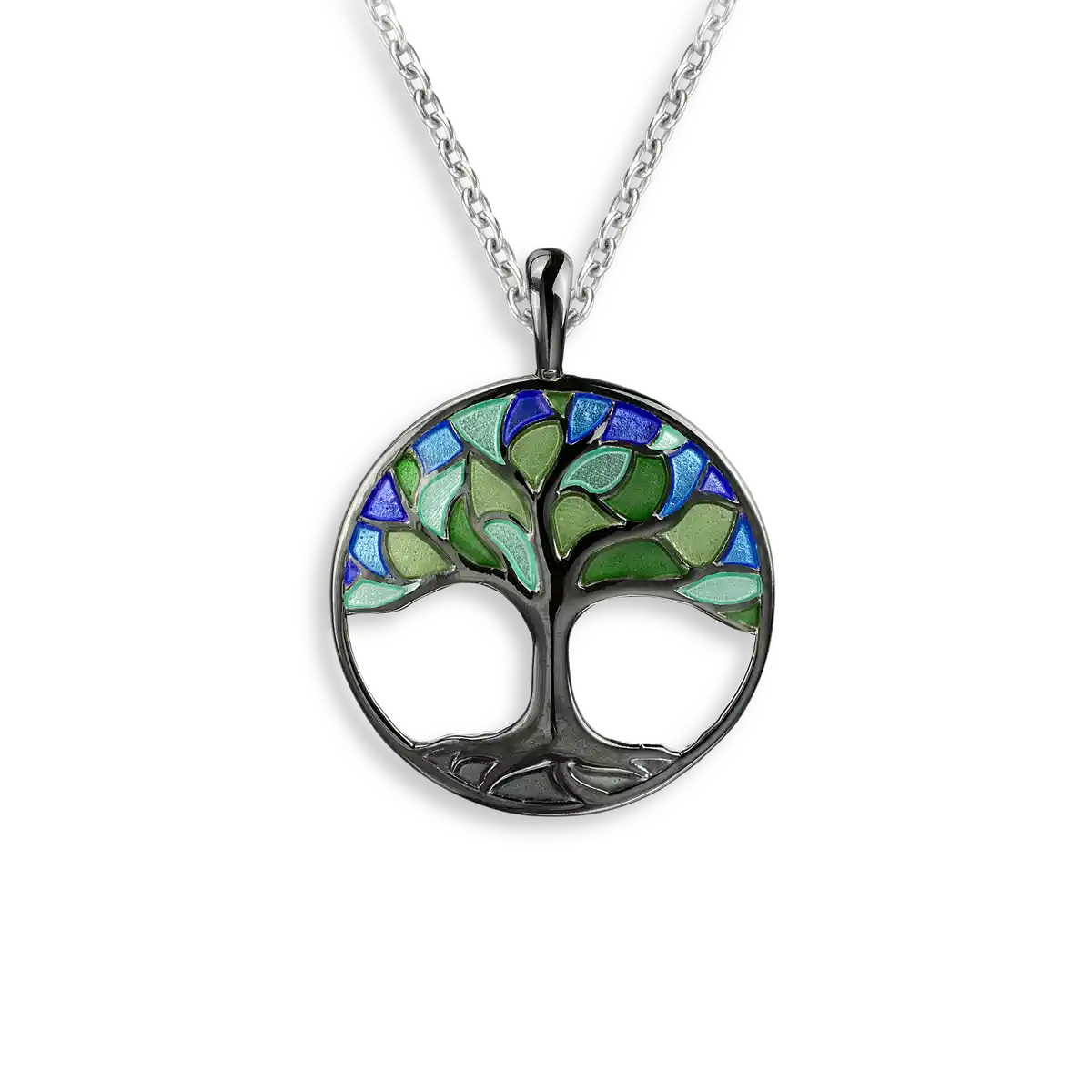 Green Tree of Life Black Rhodium Plated Necklace. Sterling Silver
