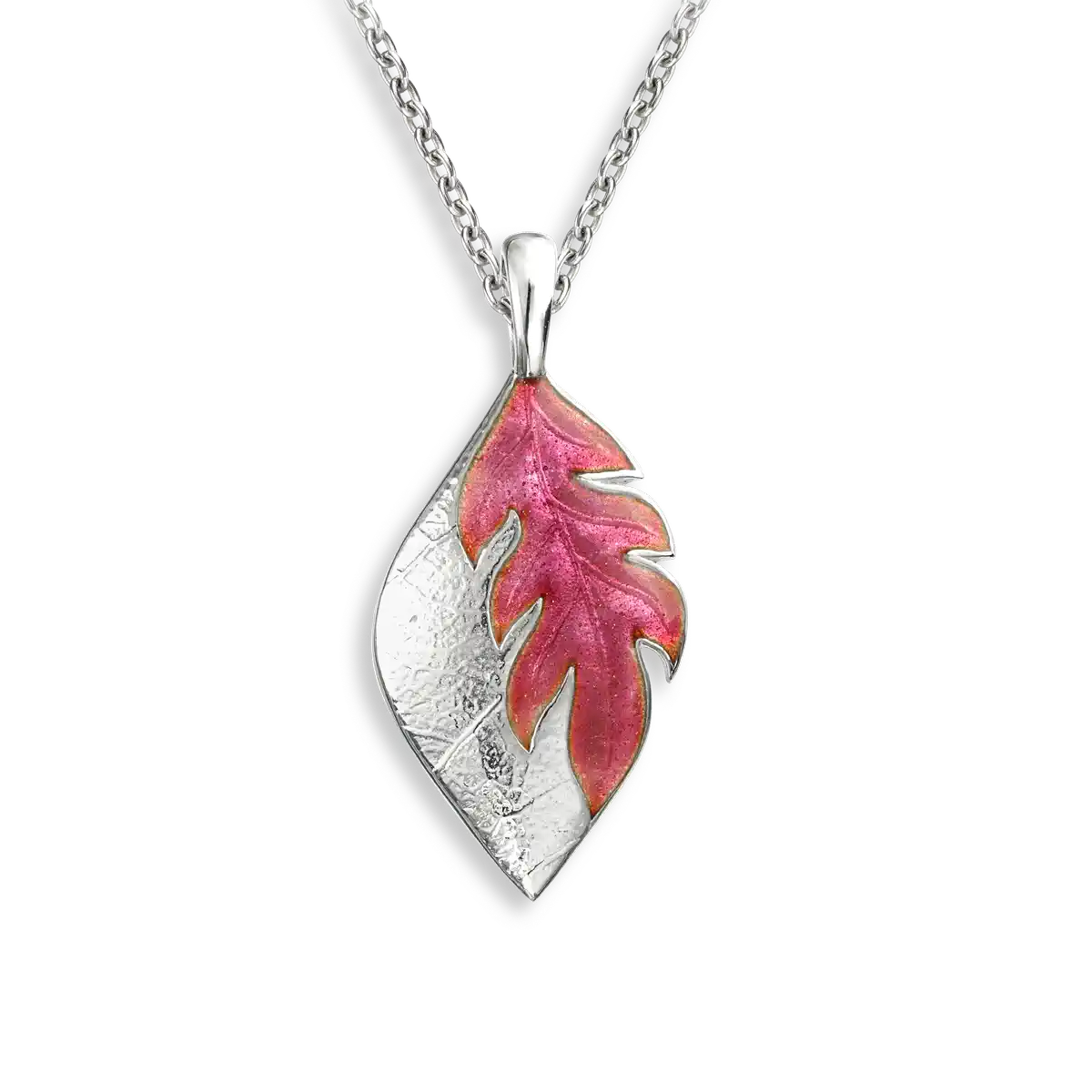 Red Stylized Leaf Necklace. Sterling Silver