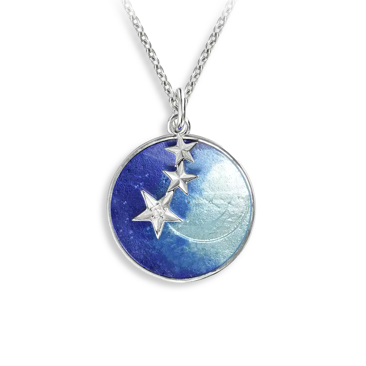 Blue 2-Part Round 3 Stars Necklace. Sterling Silver