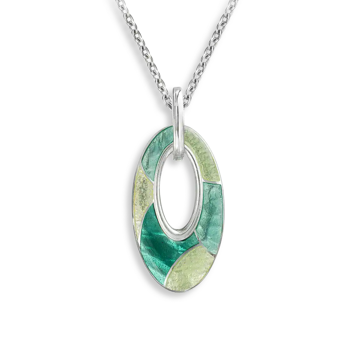 Green Cut-out Oval Necklace. Sterling Silver