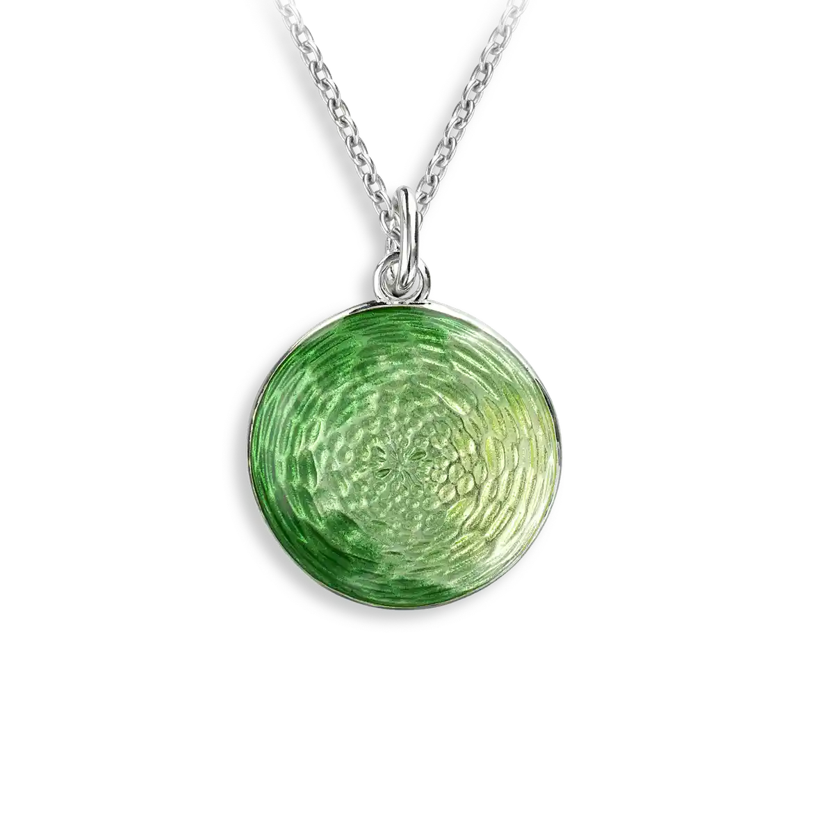 Green Round Disk Necklace. Sterling Silver