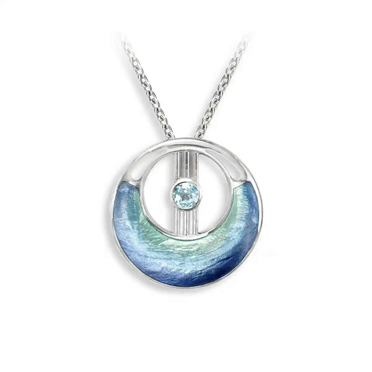 Blue Cut-out Circle Necklace - Blue Topaz. Sterling Silver