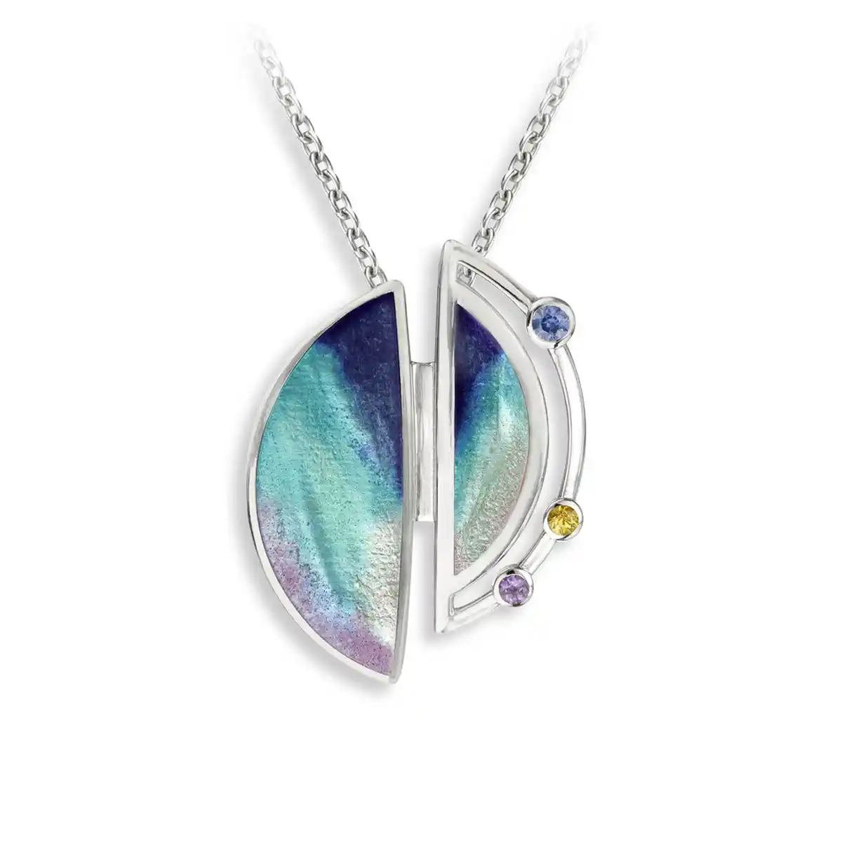 Blue Oval Planet with Rings Necklace - Amethyst, blue and yellow sapphires. Sterling Silver