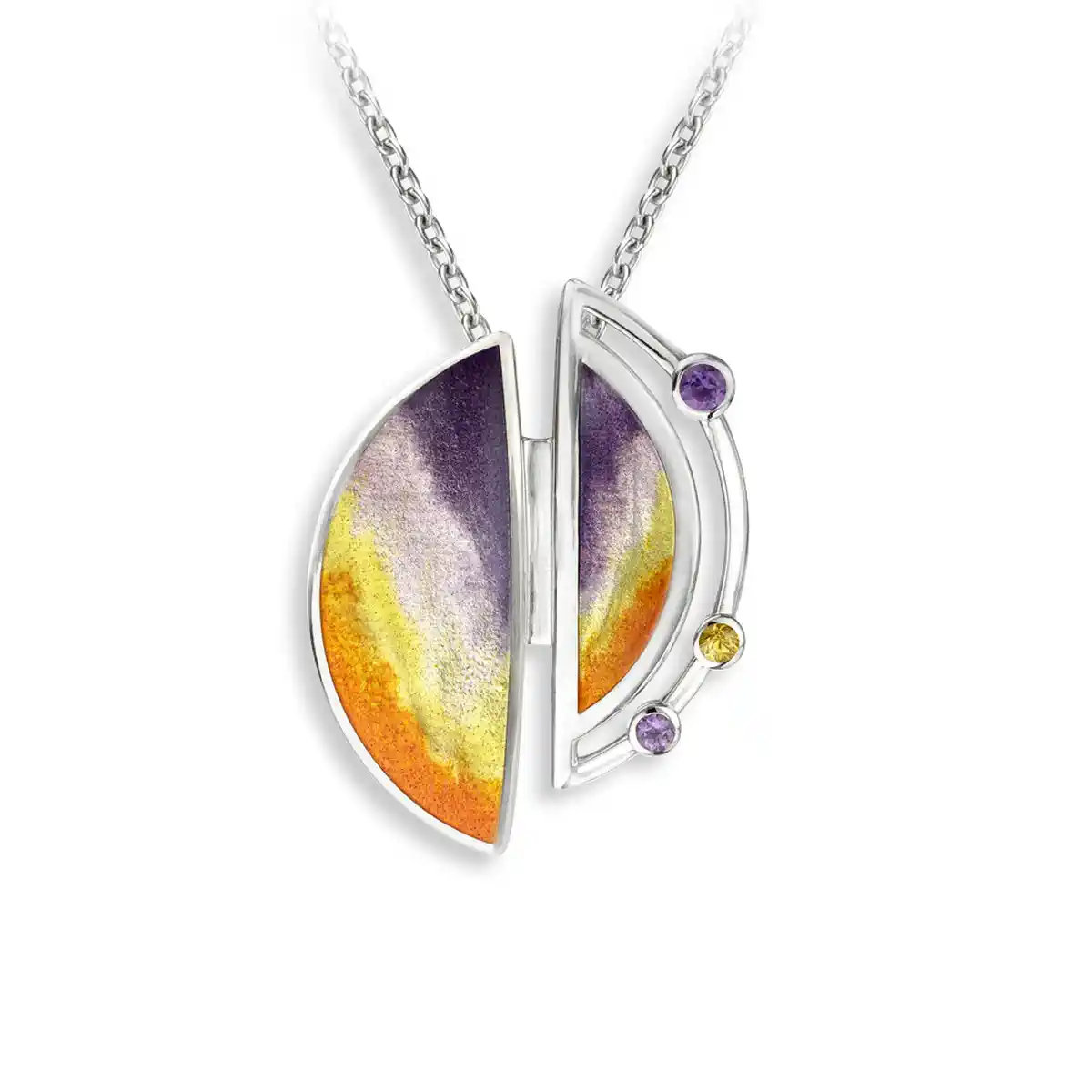 Orange Oval Planet with Rings Necklace- Amethyst, yellow sapphire. Sterling Silver