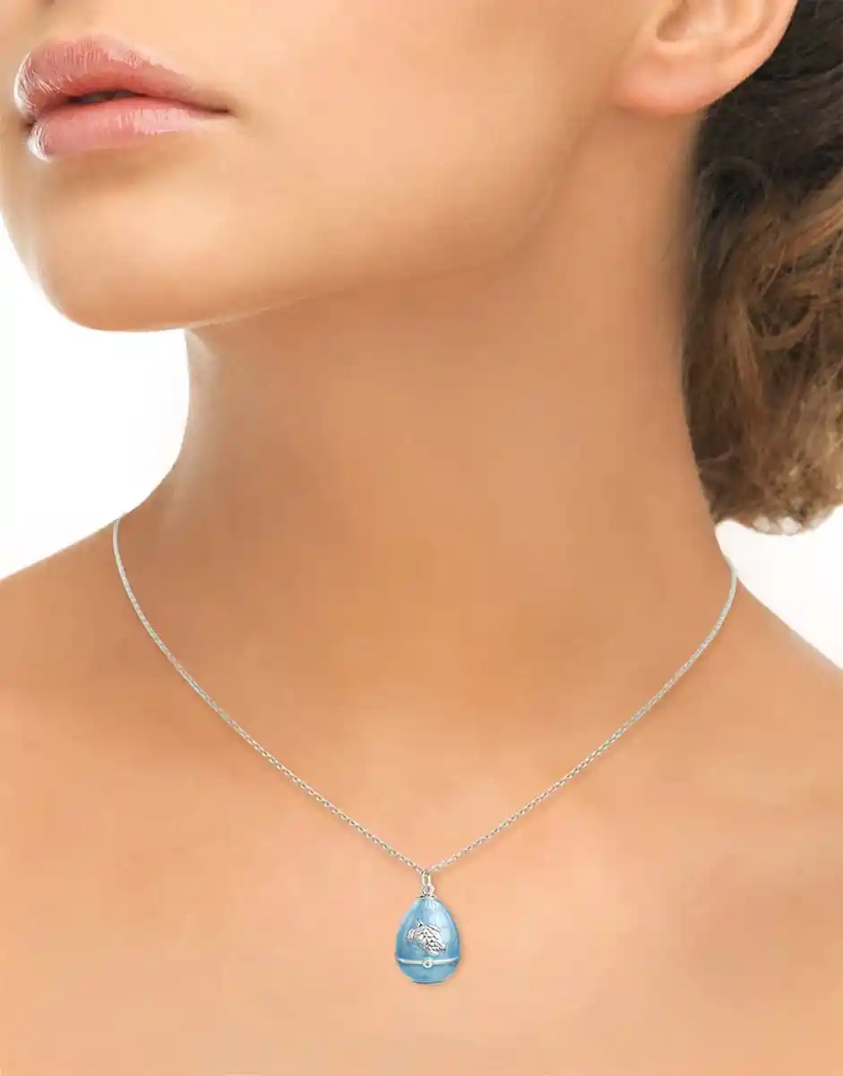 Blue Turtle Egg Necklace - Diamonds. Sterling Silver