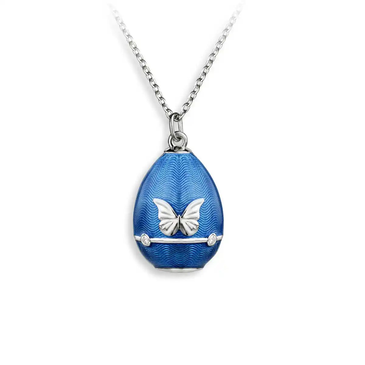 Blue Butterfly Egg Necklace - Diamonds. Sterling Silver