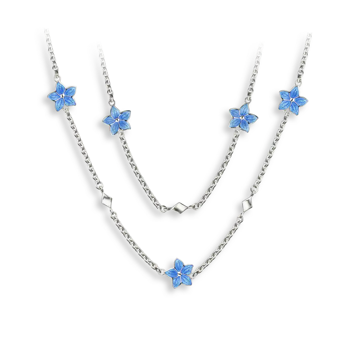 20-inch Blue Flower Necklace-White Sapphires. Sterling Silver