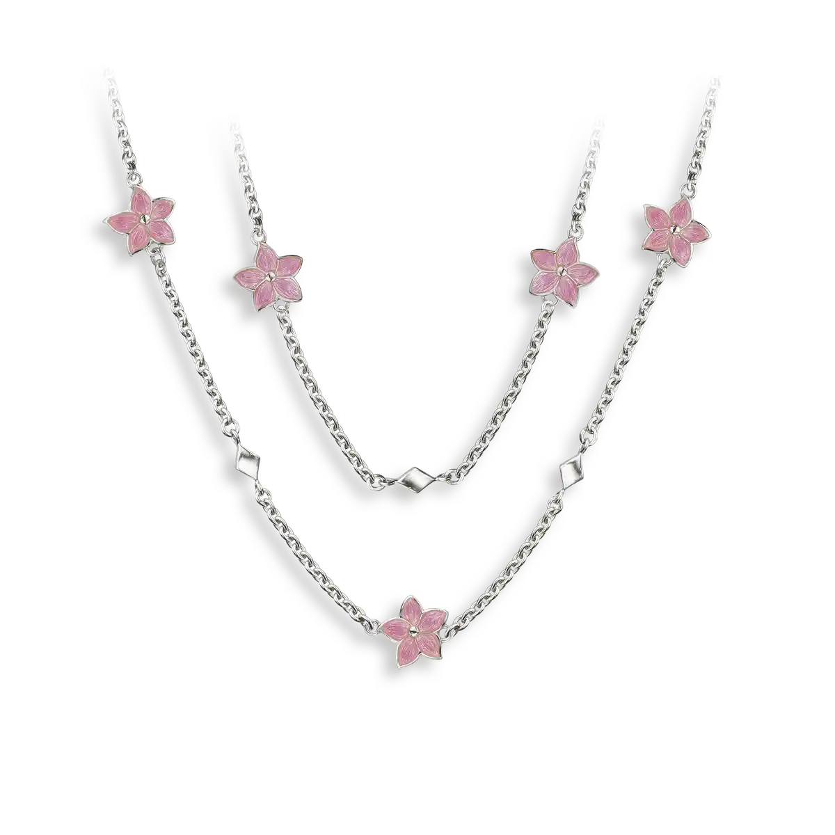 20-inch Pink Flower Necklace-White Sapphires. Sterling Silver