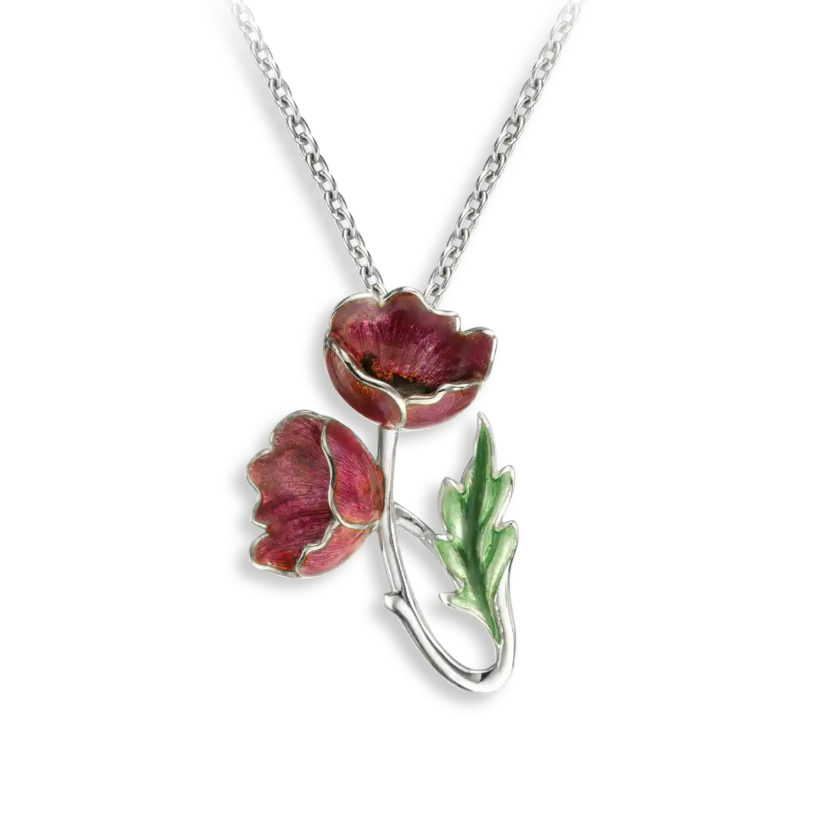 Red Poppy Necklace. Sterling Silver