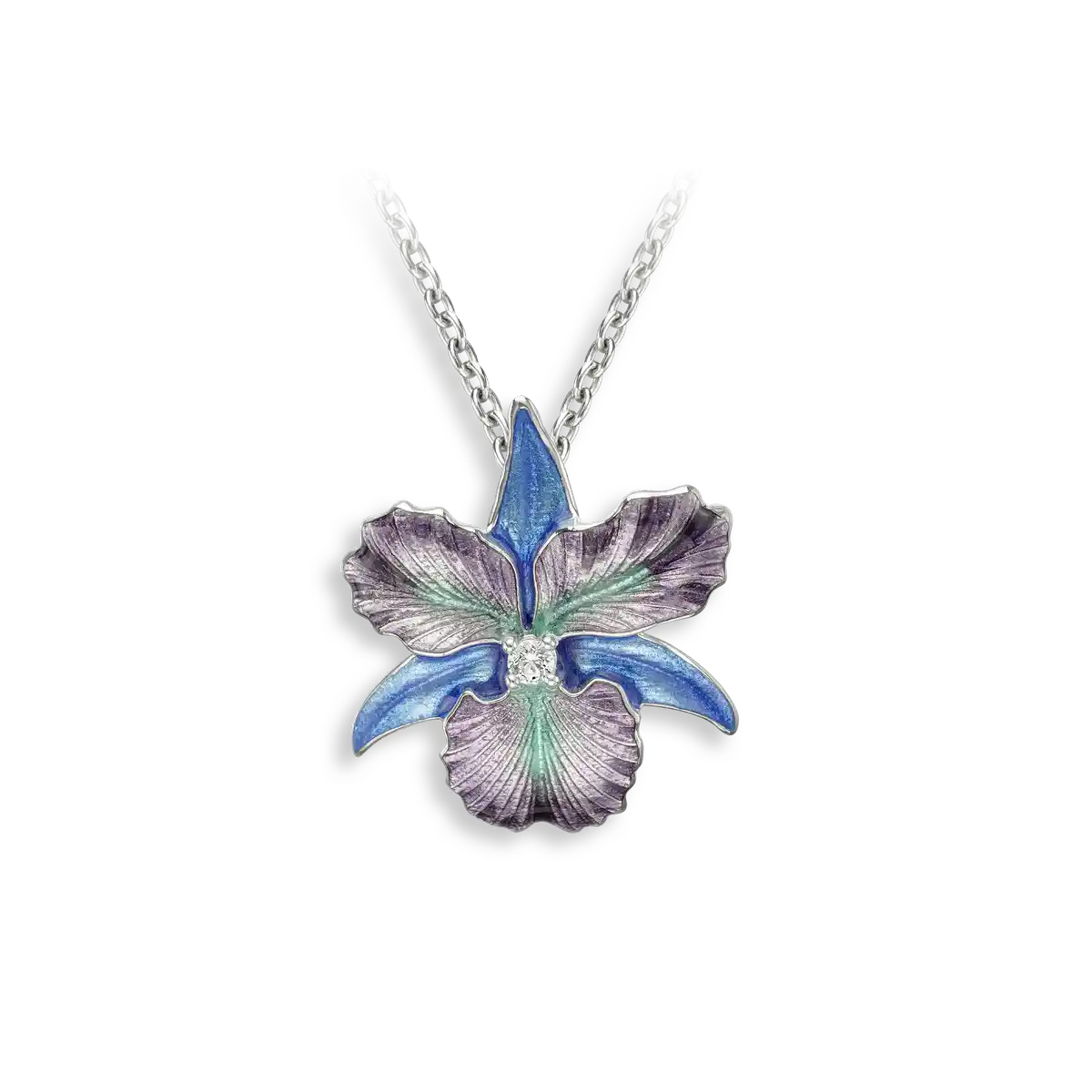 Purple-Turquoise Orchid Necklace-White Sapphires. Sterling Silver