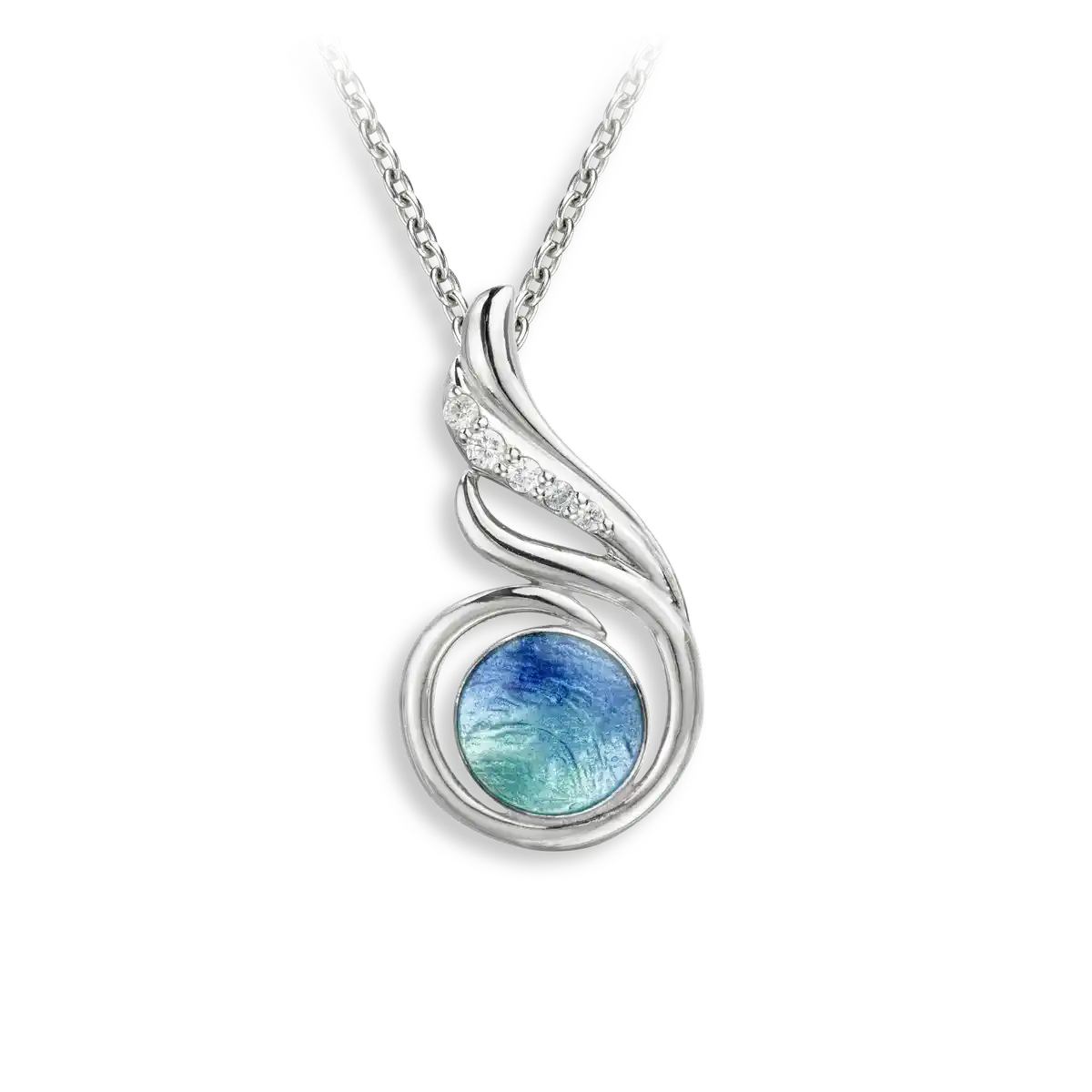 Blue Round Modern Necklace-White Sapphires. Sterling Silver