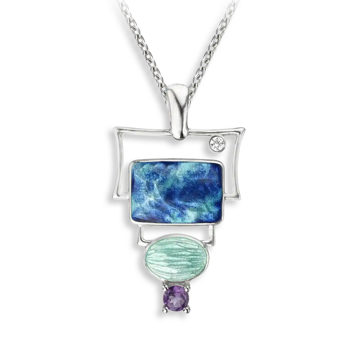 Blue Rectangular Necklace-Amethyst-White Sapphires. Sterling Silver