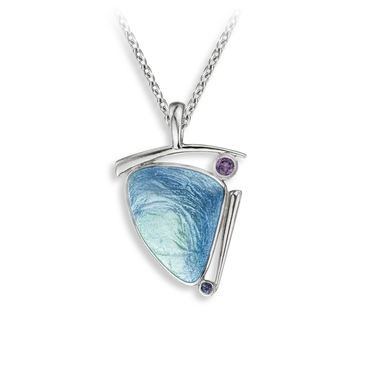 Blue Triangle Necklace-Amethyst-Blue Sapphires. Sterling Silver