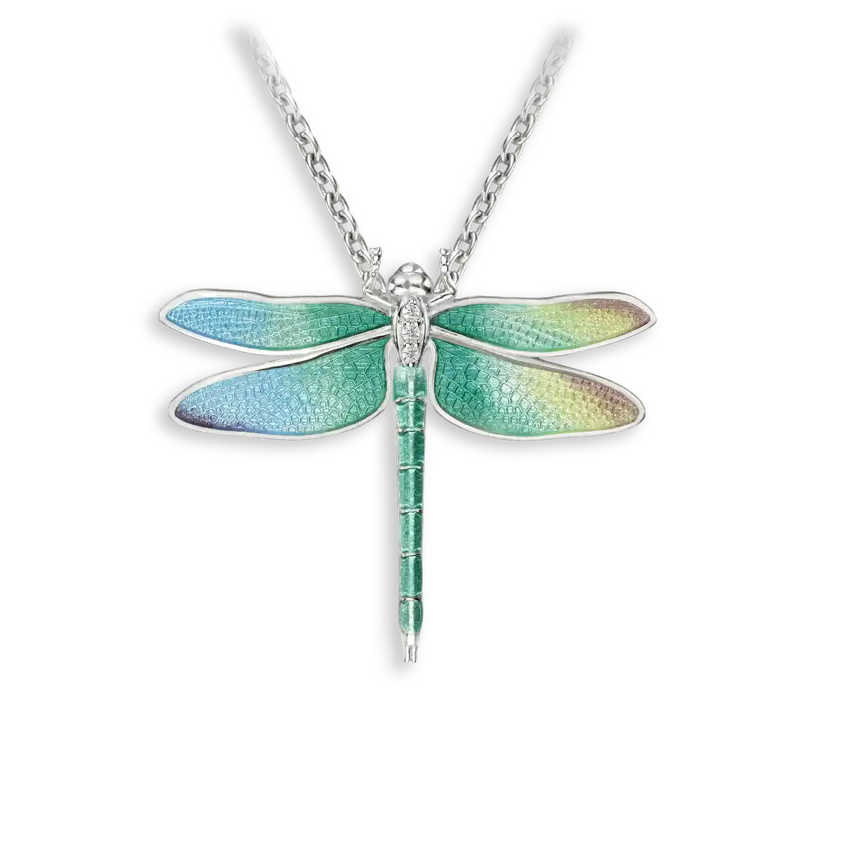 30mm Rainbow Dragonfly Necklace. Sterfling Silver-White Sapphires
