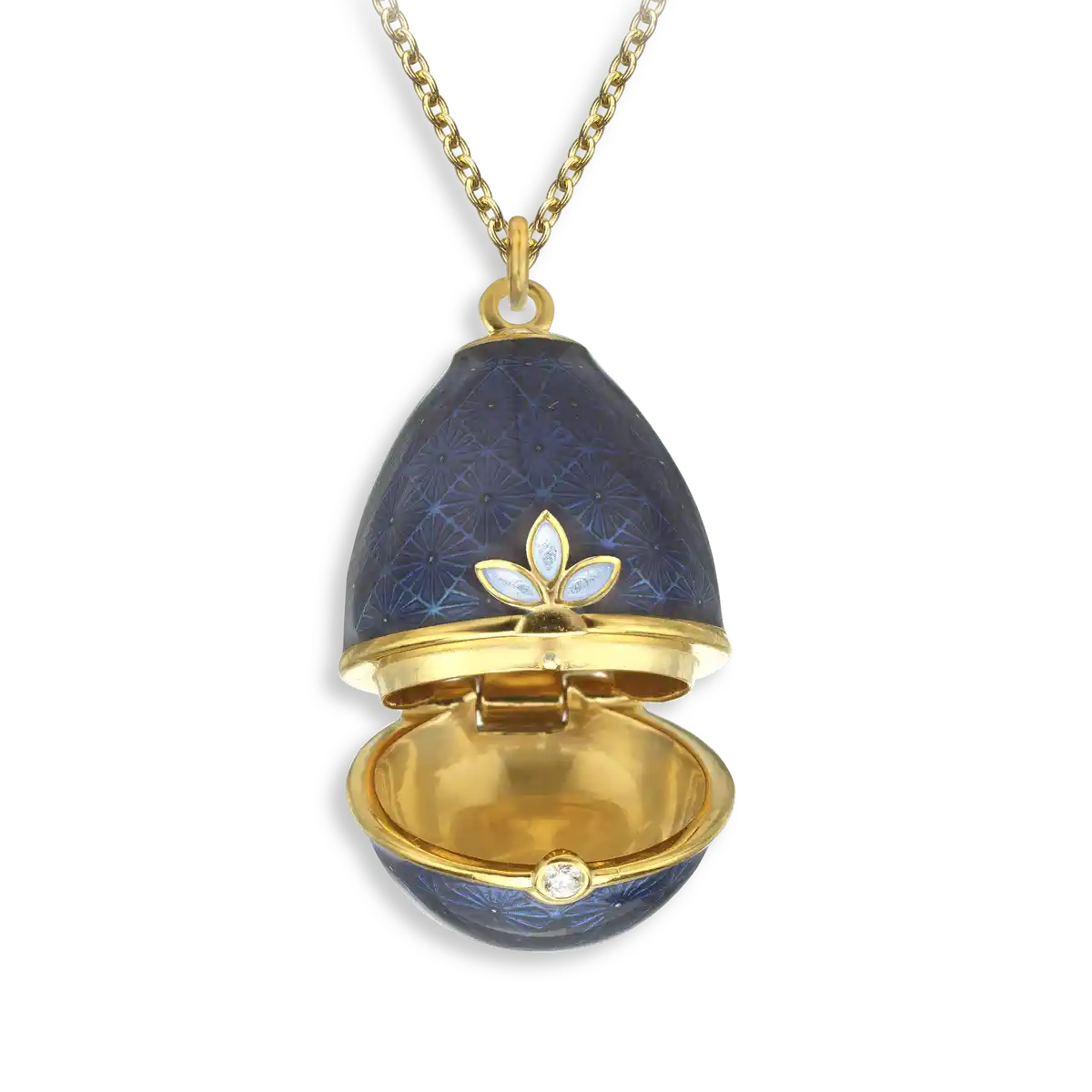 Opens.Silver. Gold Plated Blue Egg Locket. Diamond.