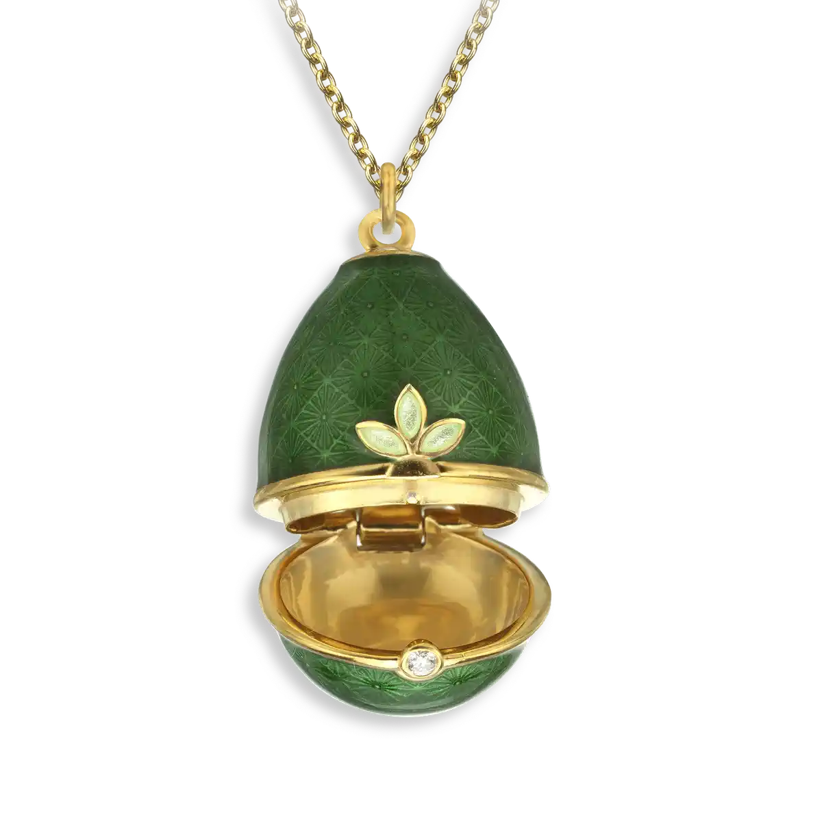 Opens.Silver. Gold Plated Green Egg Locket. Diamond.