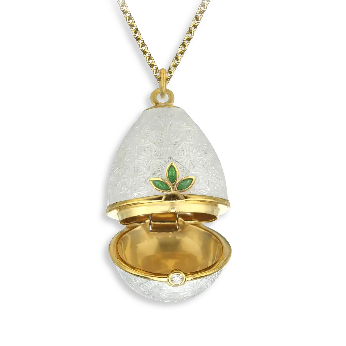 Opens.Silver.Gold Plated White Egg Locket. Diamond.
