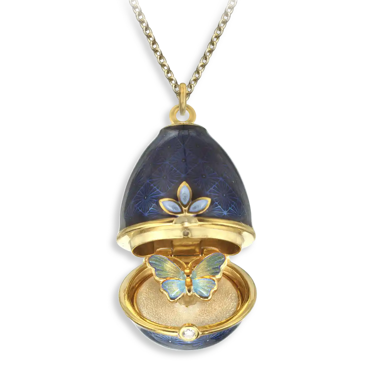 Opens. Silver. Gold Plated Blue Egg Locket with Butterfly Surprise. Diamond.