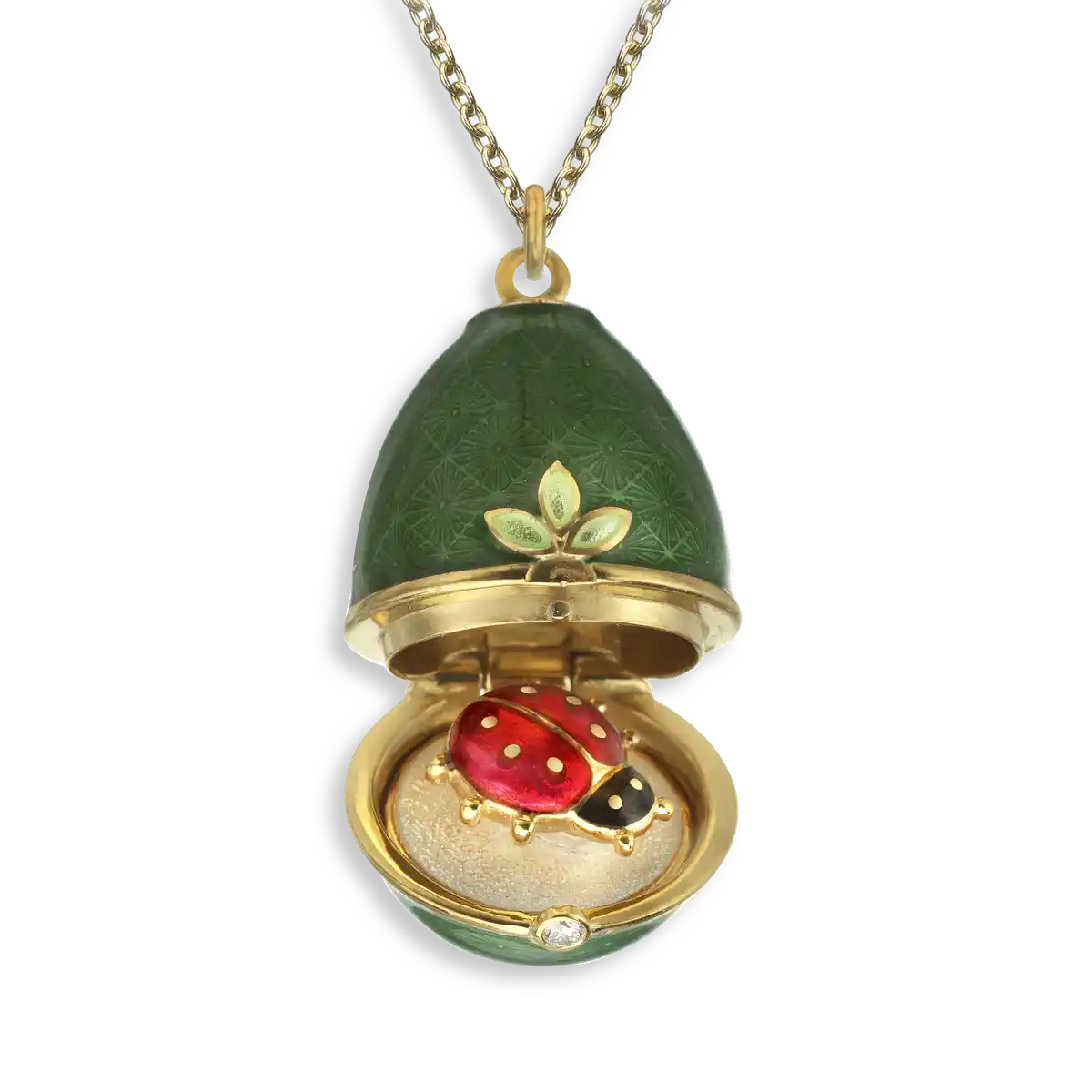 Opens.Silver. Gold Plated Green Egg Locket with Ladybug Surprise. Diamond.