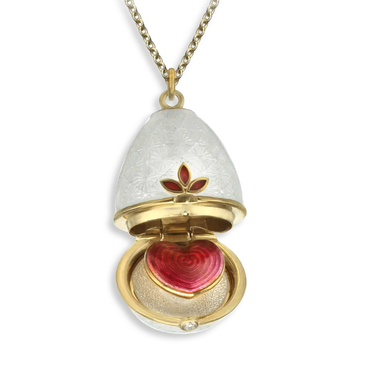 Opens.Silver.Gold Plated White Egg Locket with Heart Surprise. Diamond.
