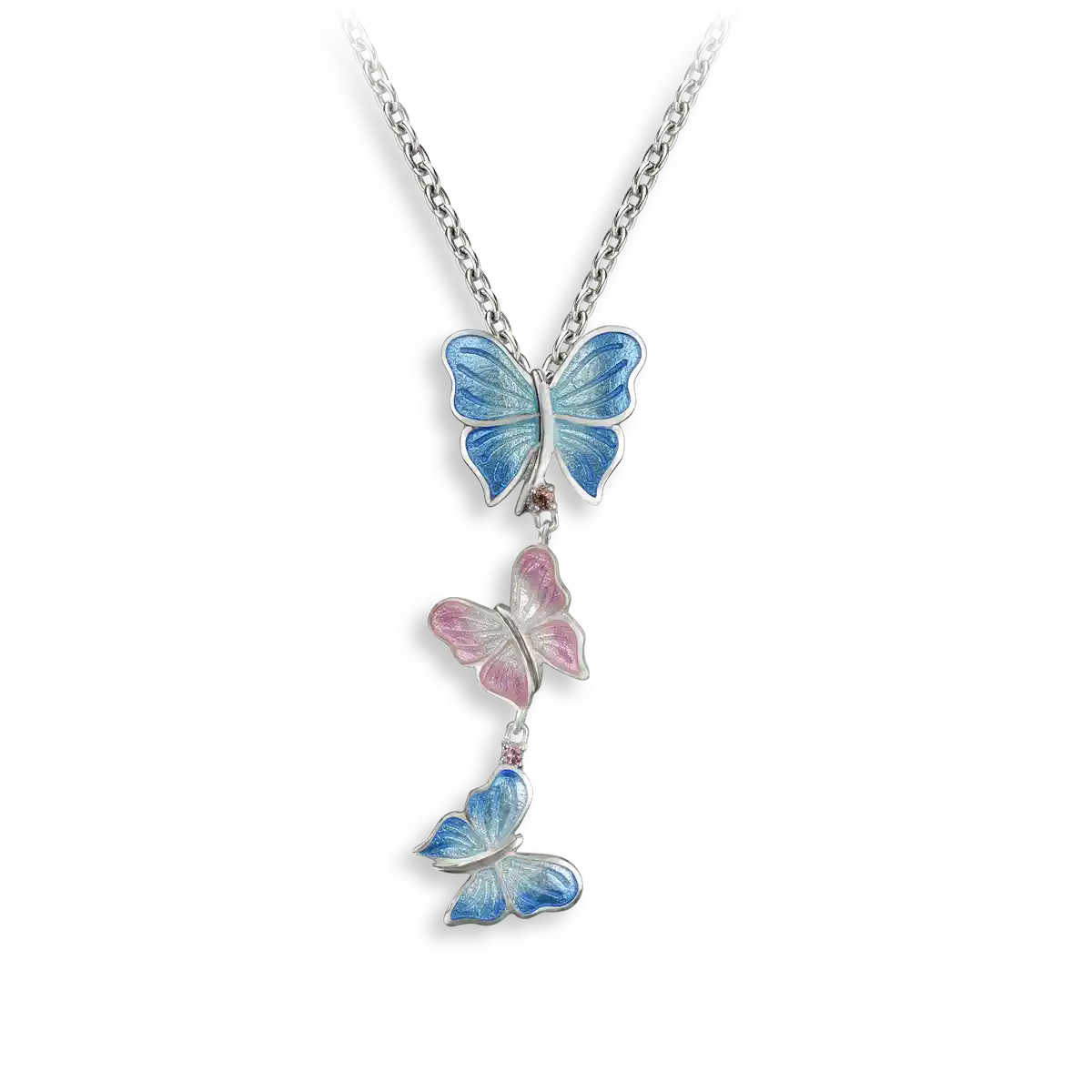 Triple Blue-Pink Butterfly Necklace. Pink Tourmaline.