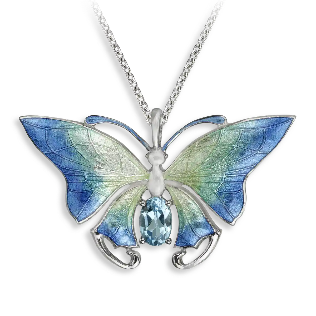 Blue and Green Butterfly Necklace. Swiss Blue Topaz.