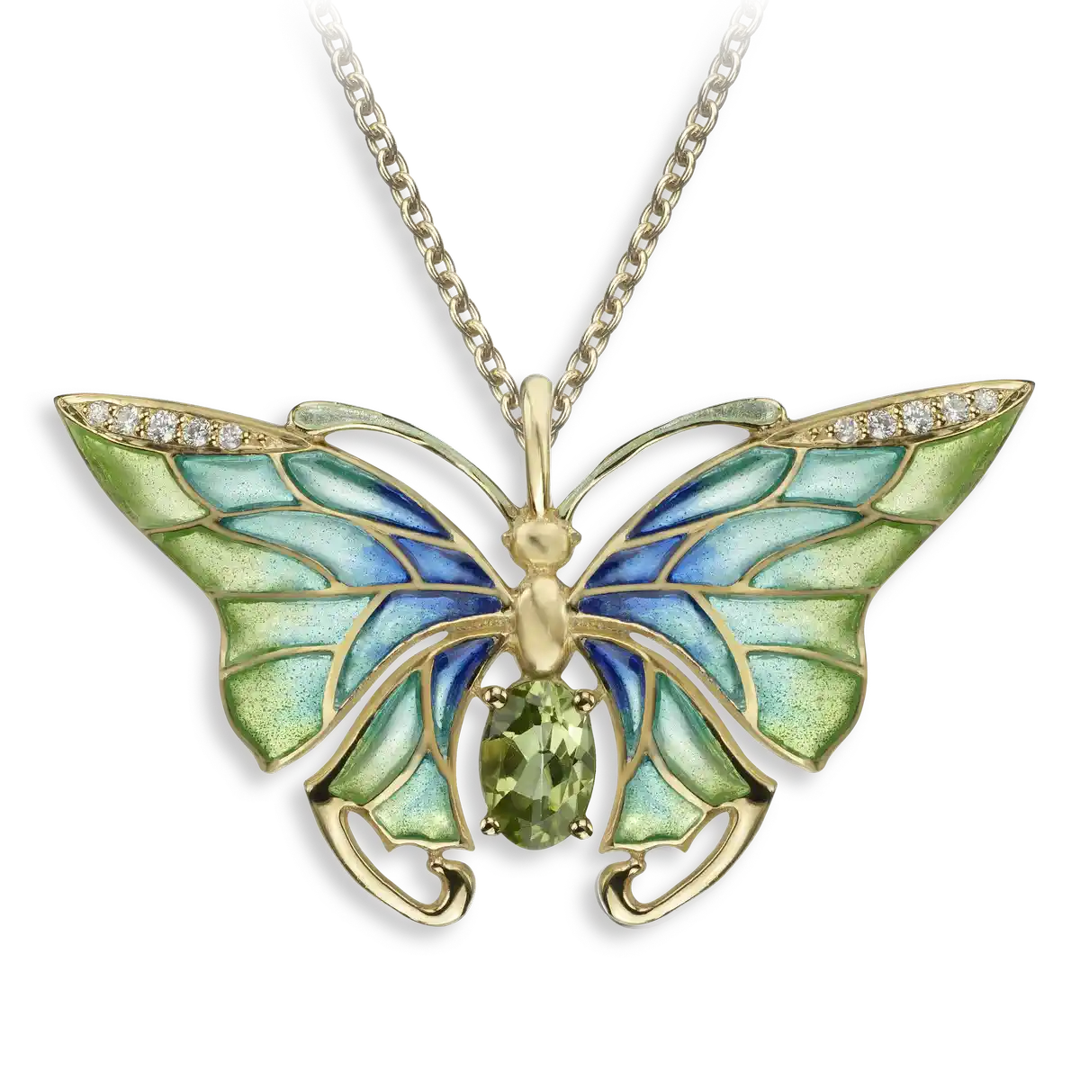 Silver.Gold Plated Turquoise Plique-a-Jour Butterfly Necklace. Peridot & Diamonds.