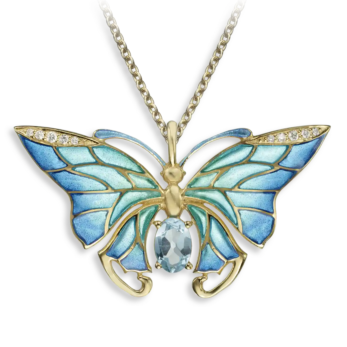 Silver.Gold Plated Blue Plique-a-Jour Butterfly Necklace. Swiss Blue Topaz & Diamonds.