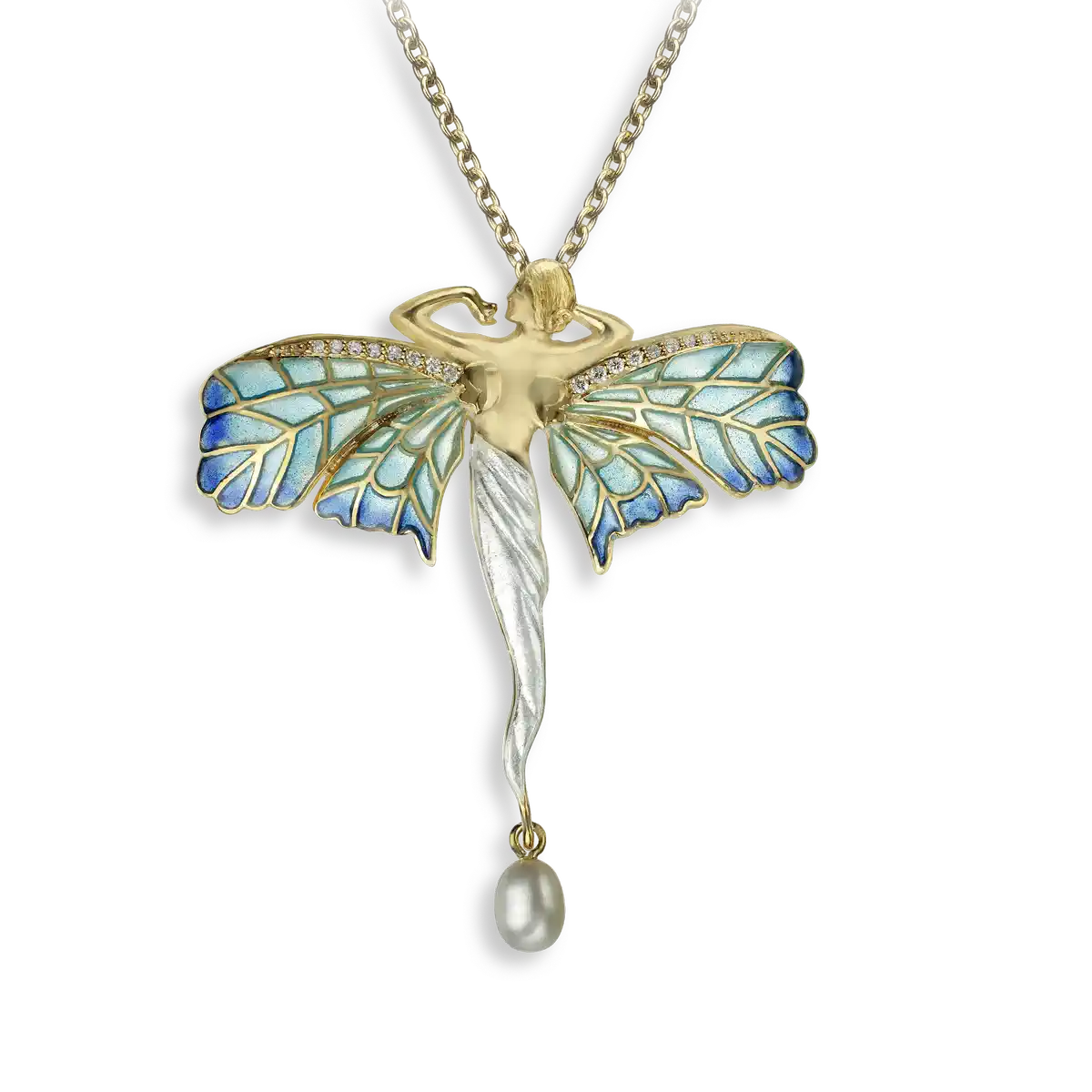 Silver.Gold Plated White Fairy-Blue Plique-a-Jour Wings Necklace.Diamond.Pearl.