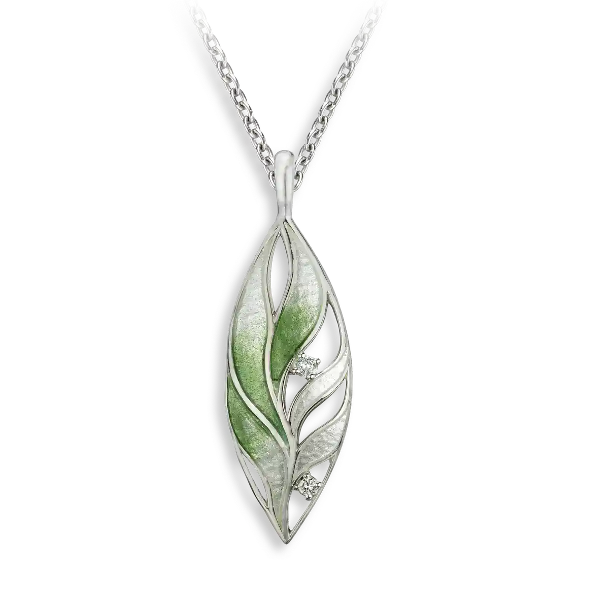 The Light Between -White & Green Nature's Breath Necklace-White Sapphires.Sterling Silver. Double-Sided