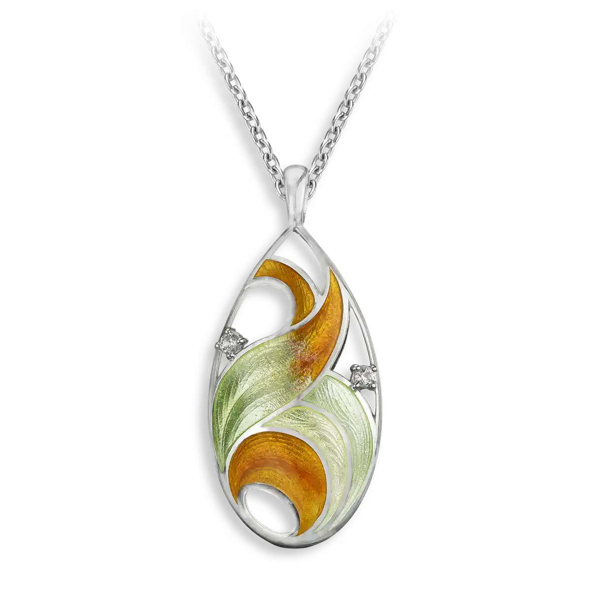 The Light Between -Yellow & Orange Breeze Oval Necklace-White Sapphires.Sterling Silver. Double-Sided