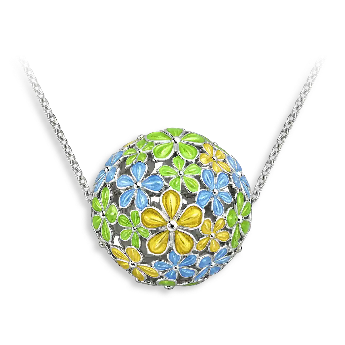 23mm Beyond Blossom -Yellow & Blue Round Ball Flower Post Necklace.Sterling Silver