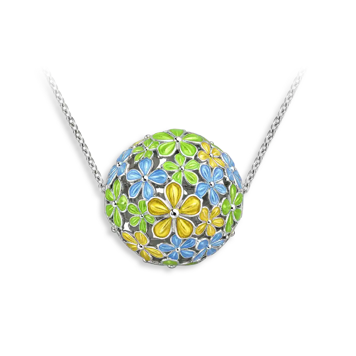 20mm Beyond Blossom -Yellow & Blue Round Ball Flower Post Necklace.Sterling Silver