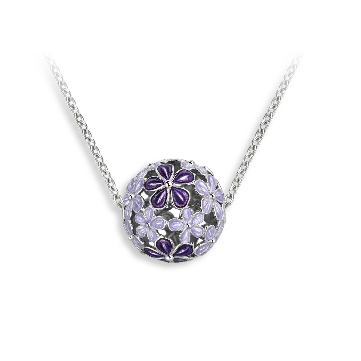 14mm Beyond Blossom -Purple Round Ball Flower Necklace.Sterling Silver