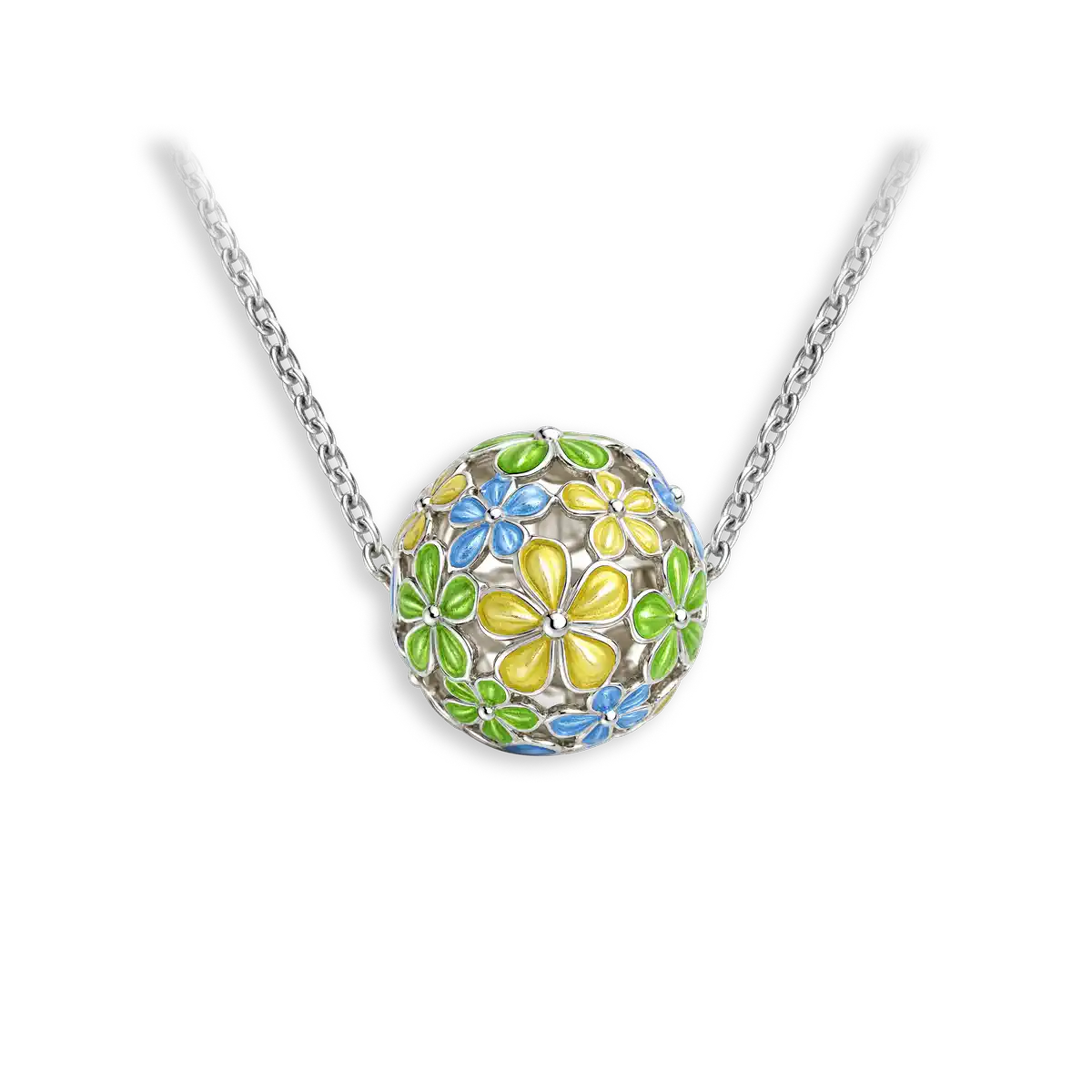 14mm Beyond Blossom -Yellow & Blue Round Ball Flower Necklace.Sterling Silver