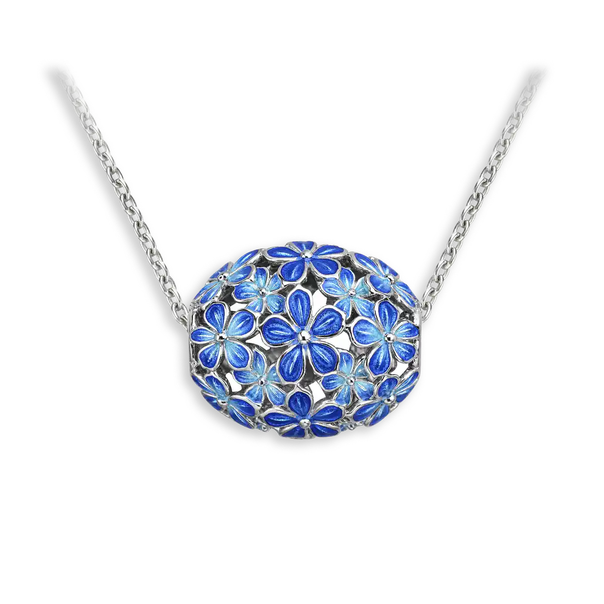 20mm Beyond Blossom -Blue Oval Ball Flower Necklace.Sterling Silver
