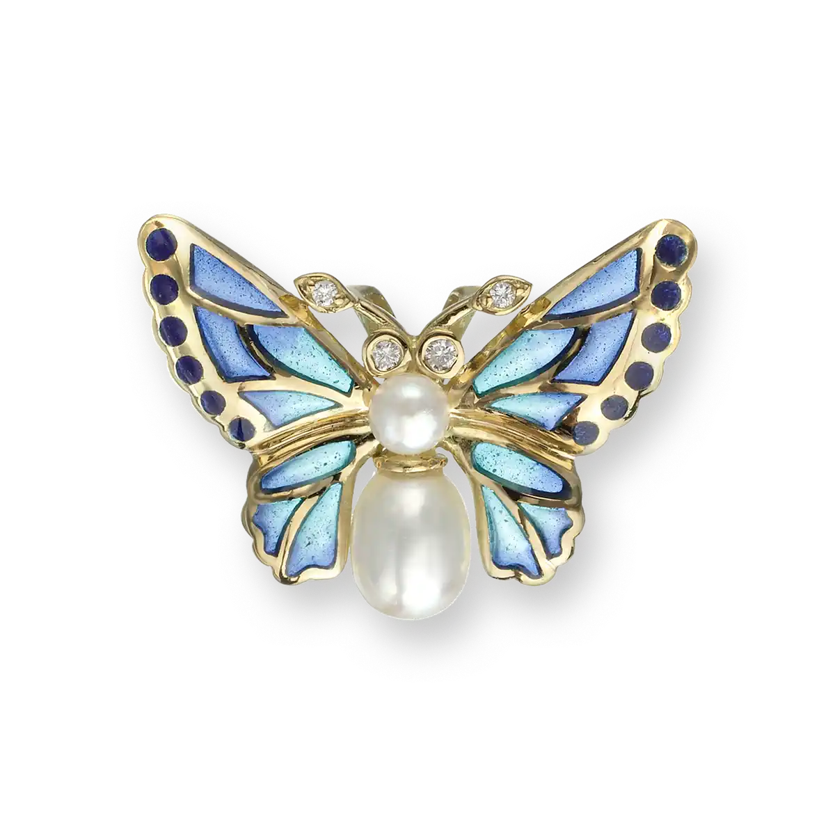 Blue Plique-a-Jour Butterfly Pendant. 18K -Freshwater Pearl -Diamond