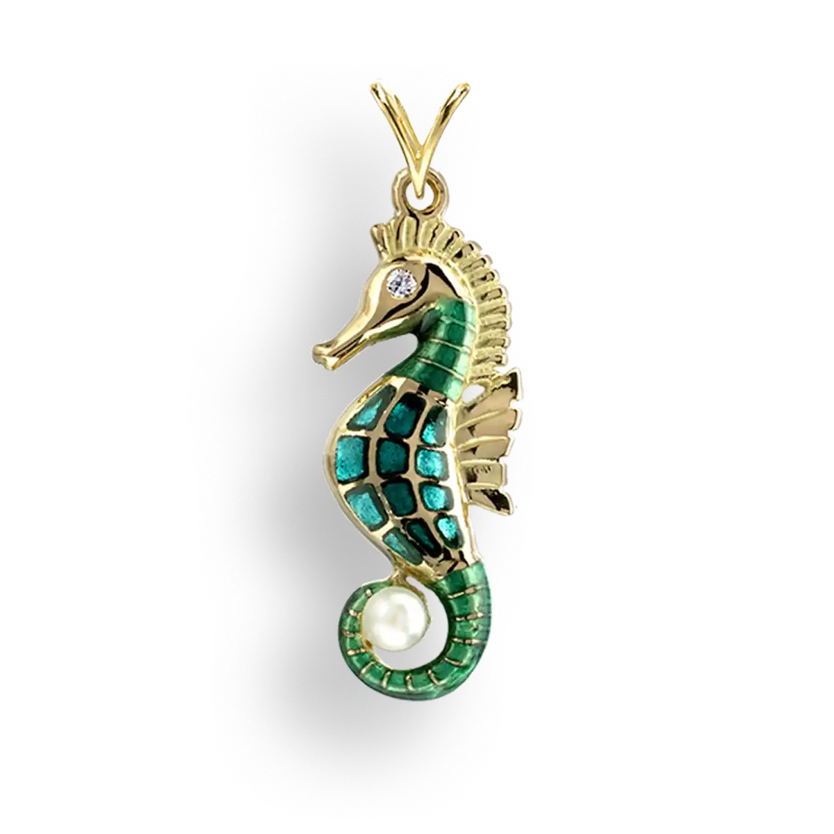 Green Plique-a-Jour Seahorse Pendant. 18K -Akoya Pearl - Diamond