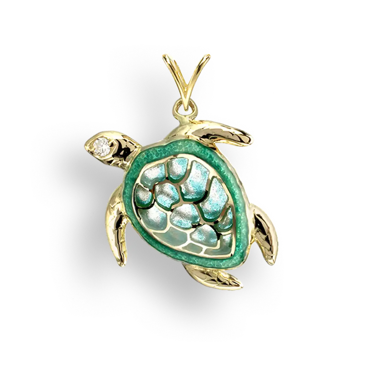 Green Plique-a-Jour Turtle Pendant. 18K -Diamond  