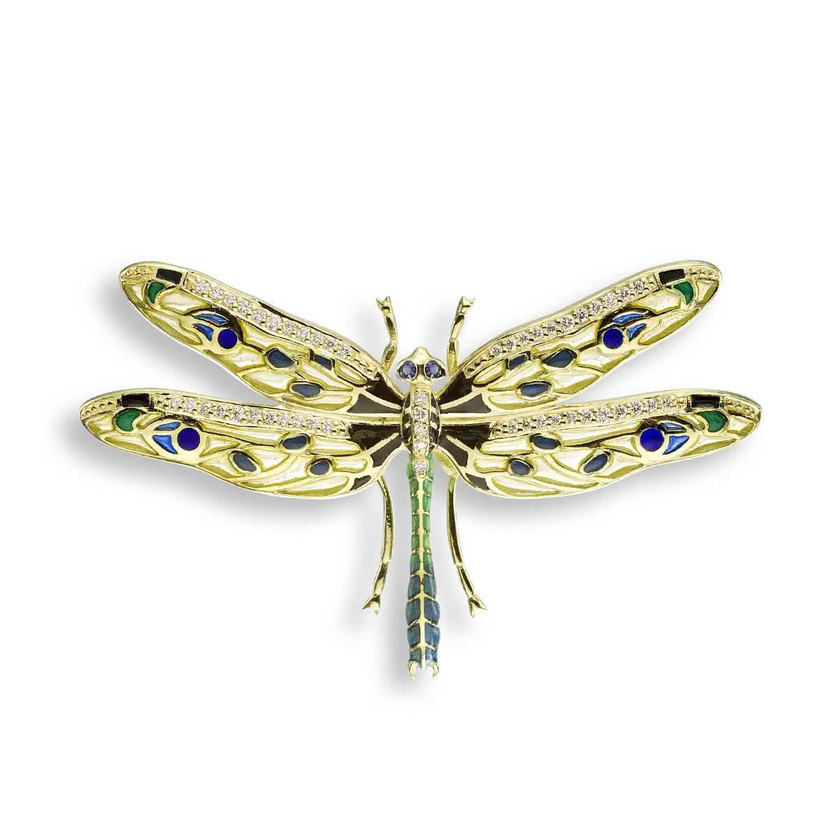 Yellow Plique-a-Jour Dragonfly Pendant. 18K -Blue Sapphire - Diamond  